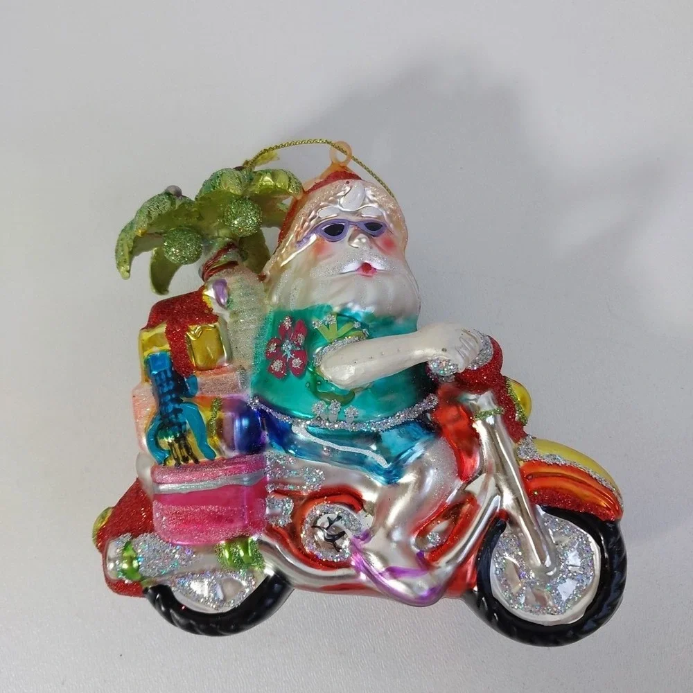 Hawaiian Santa Riding Motorcycle Glass Christmas Ornament w/ Palm‎ Tree